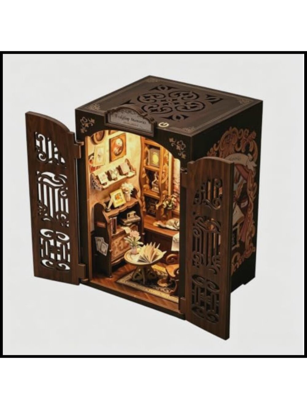 DIY Book Nook Kit LED Light Wood Laser Cut Miniature Bookshelf 3D Puzzle
